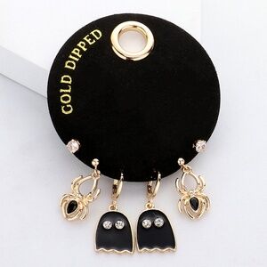 Secret Box Gold Dipped Enamel Ghost Spider Stone Stud 3 Pairs Earring (A)